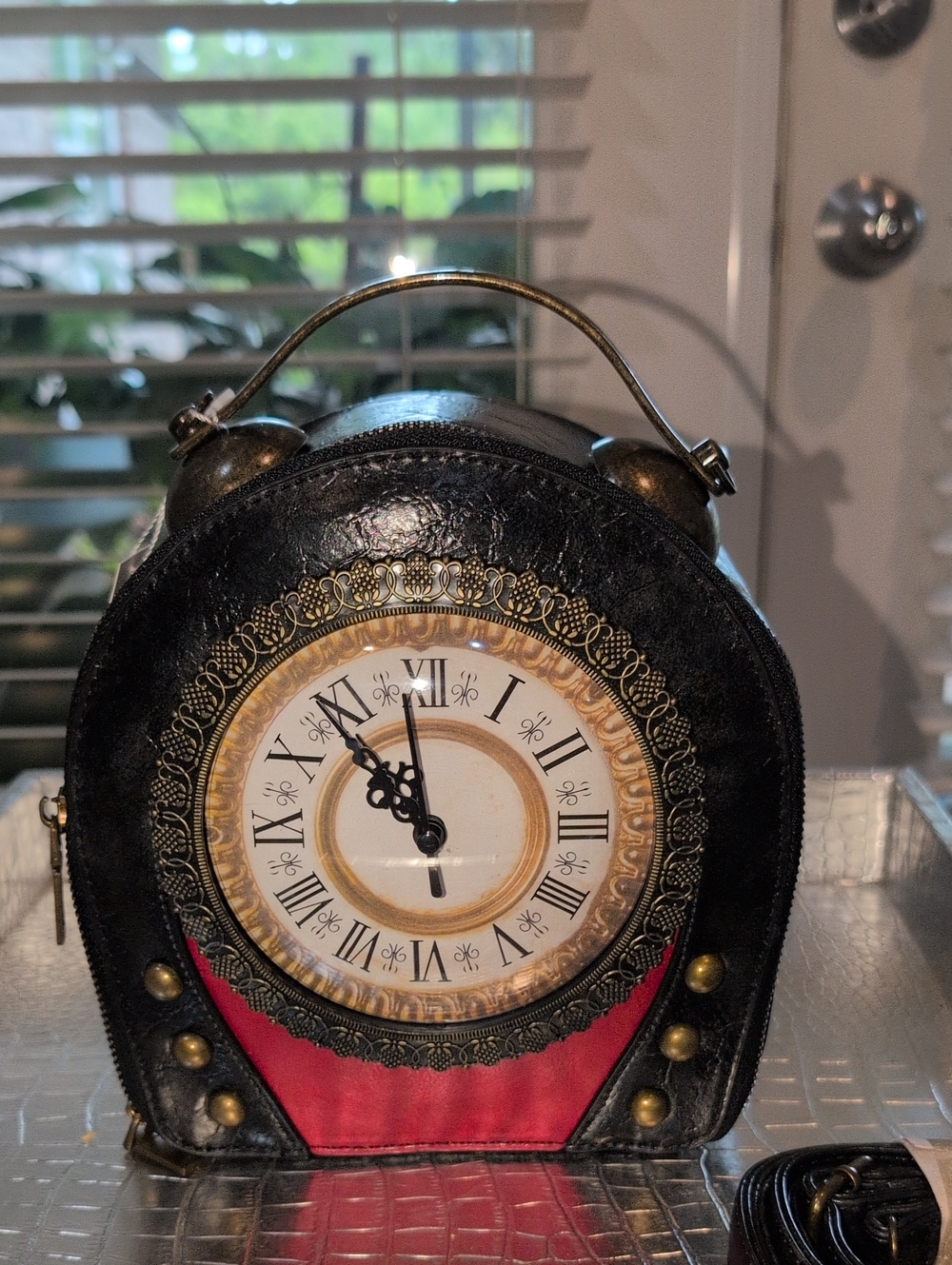 Vintage-Inspired Black & Red Working Clock Crossbody Bag - NWT